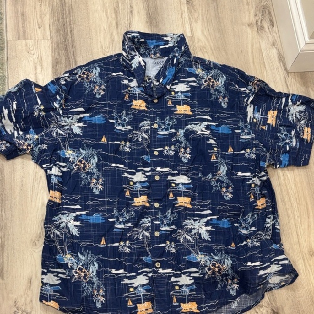 IZOD Men's Navy Tropical Print Short-Sleeve Button-Up Shirt 4XL